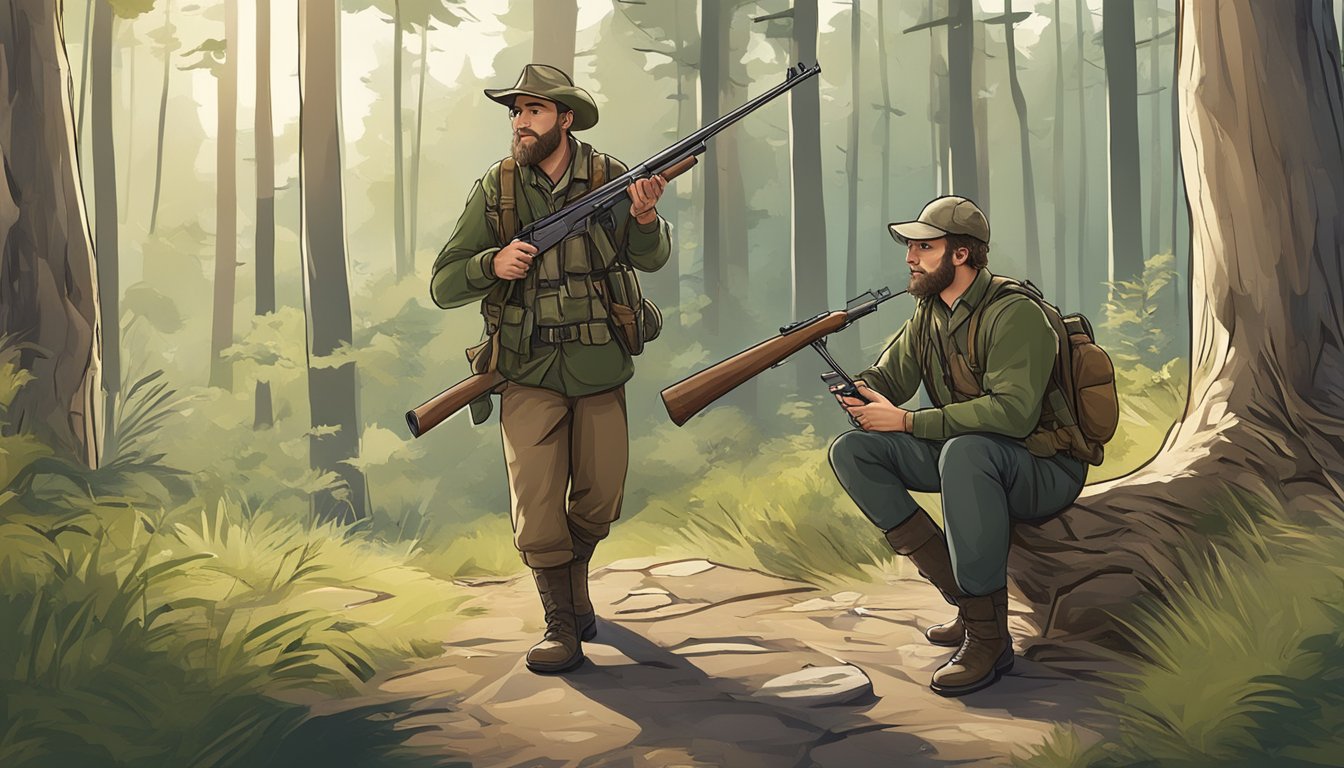 A hunter with a rifle and a guide with a map in a wooded area