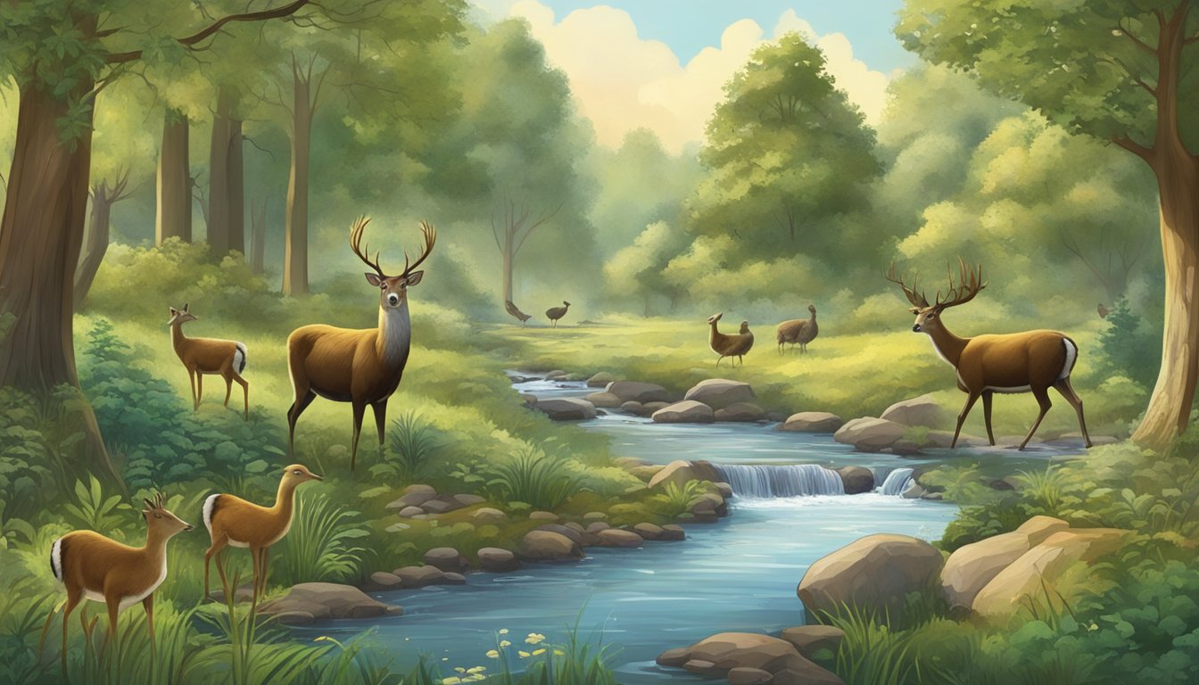 A serene woodland with a variety of trees and bushes, a small stream flowing through, and a few animals such as deer and turkeys roaming around