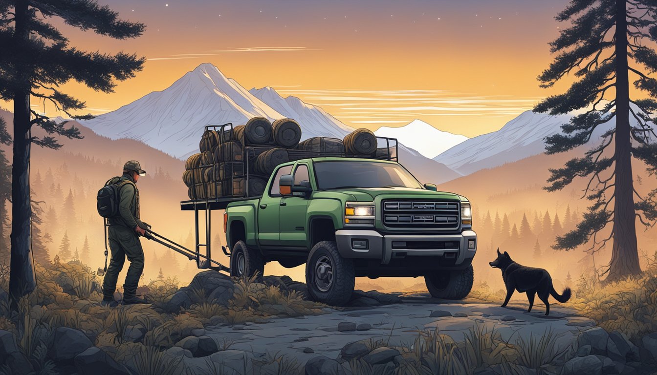 A hunter loading gear into a truck before dawn, surrounded by trees and mountains in the background