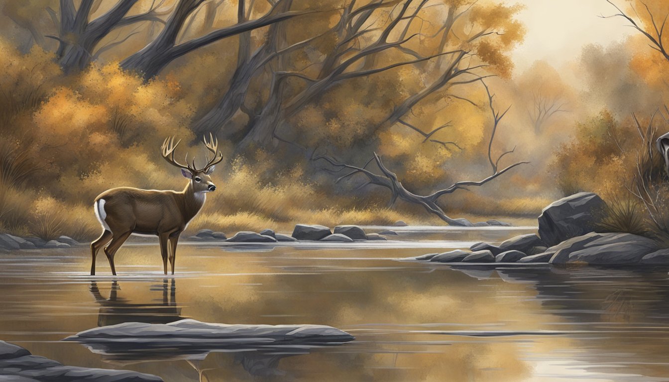 A deer cautiously approaches a watering hole, while a hunter waits in a camouflaged blind nearby