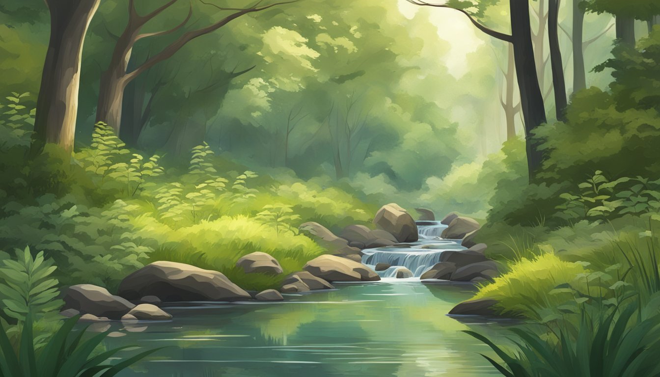 A serene forest clearing with a small stream, surrounded by thick foliage and diverse wildlife