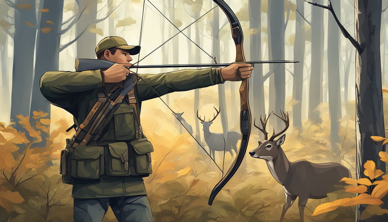 A hunter using a bow and arrow to track and hunt deer in a forest clearing