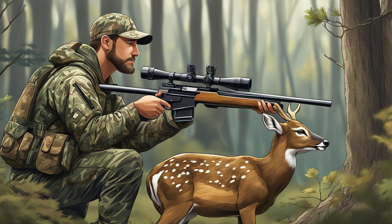 A hunter in camouflage aiming a rifle at a deer in a wooded area