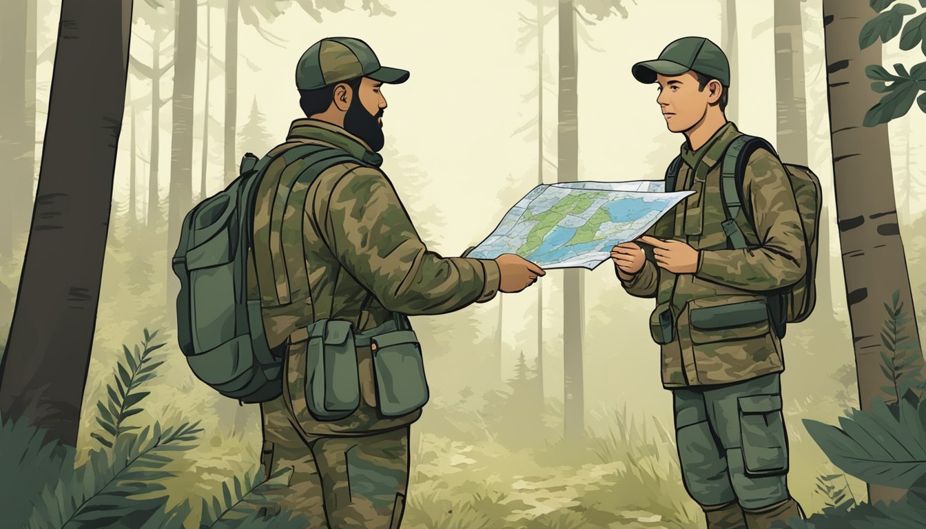 A hunter in camouflage attire speaking with a guide in a forest clearing. The guide holds a map and points towards a trail