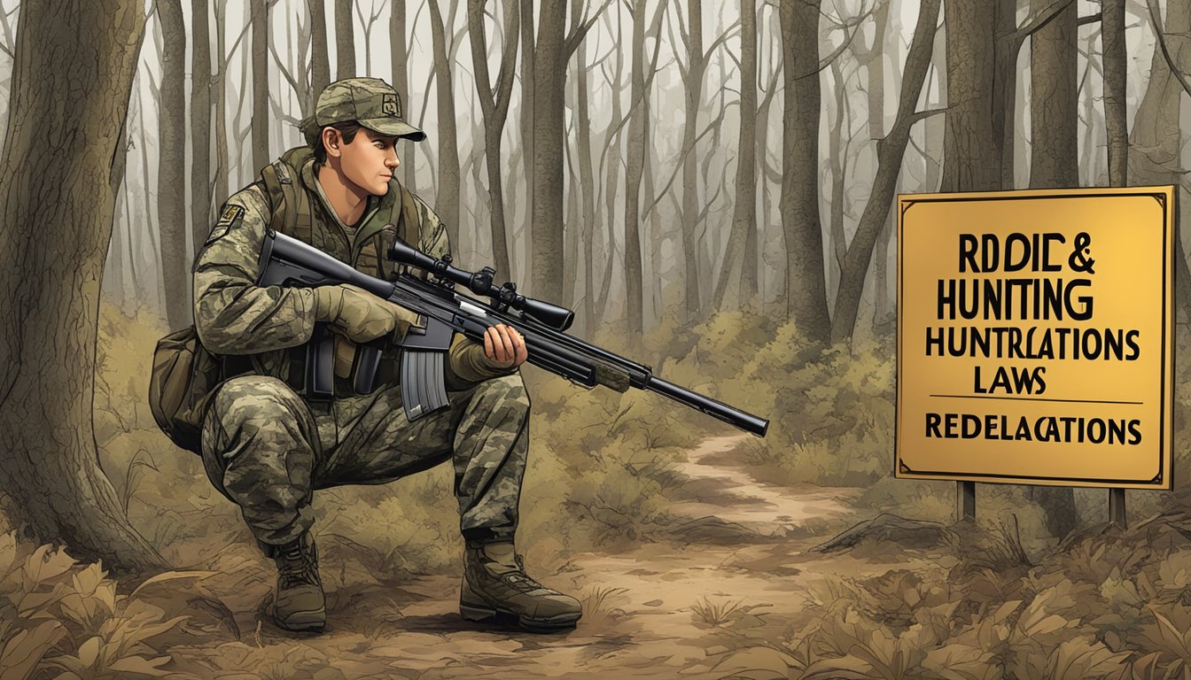 A hunter in camouflage holding a rifle, standing in a wooded area with a sign displaying "Rhode Island Hunting Laws" and "Federal Hunting Regulations"