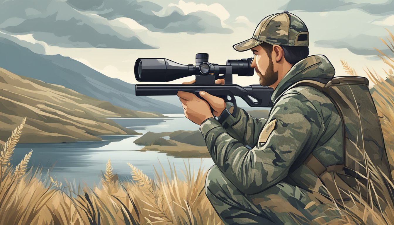 A hunter in camouflage gear holding a permit while scanning the landscape with binoculars