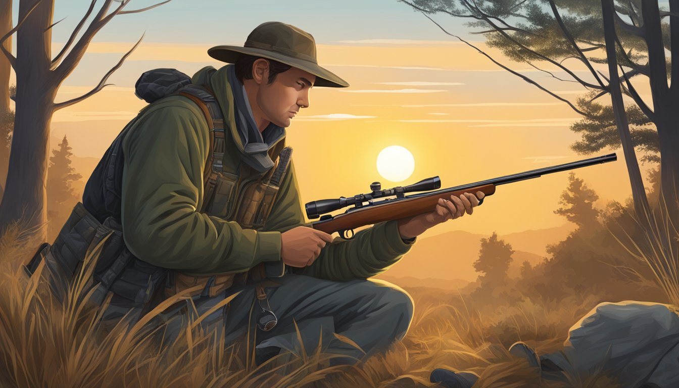 A hunter gathers gear and checks rifle in early morning light