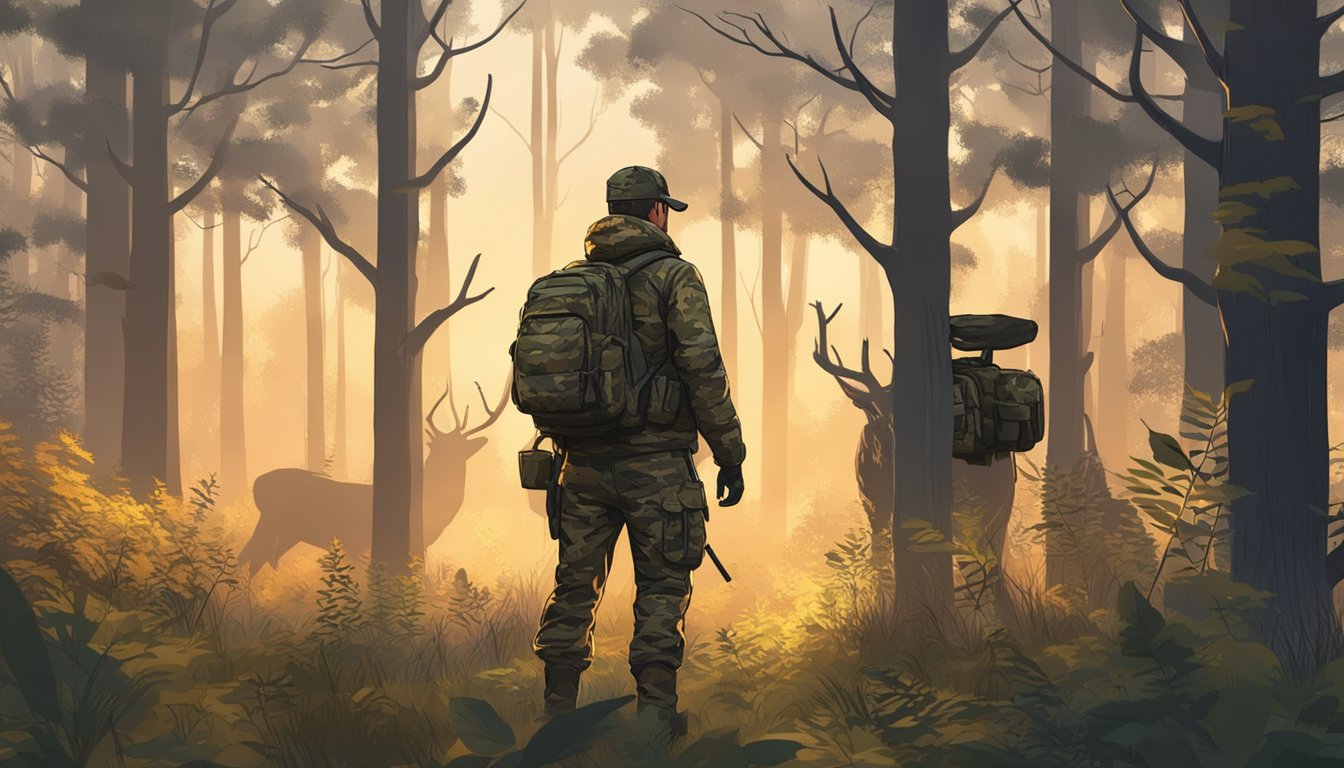 A hunter in camouflage gear stands in a forest clearing, surrounded by trees and wildlife. The sun is just beginning to rise, casting a warm glow over the scene