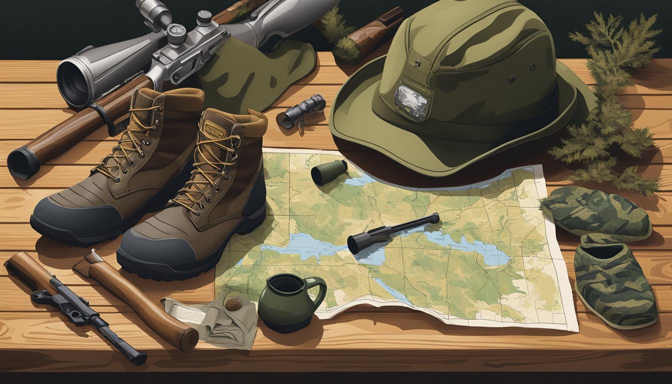 A hunter's gear laid out on a wooden table, including a rifle, camouflage clothing, boots, and a map of the Wisconsin hunting grounds