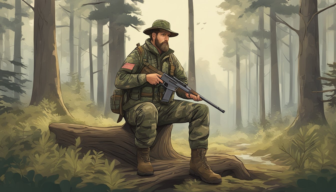 A hunter in camouflage gear holding a rifle, standing in a forest clearing with a map and a hunting guide open on a tree stump