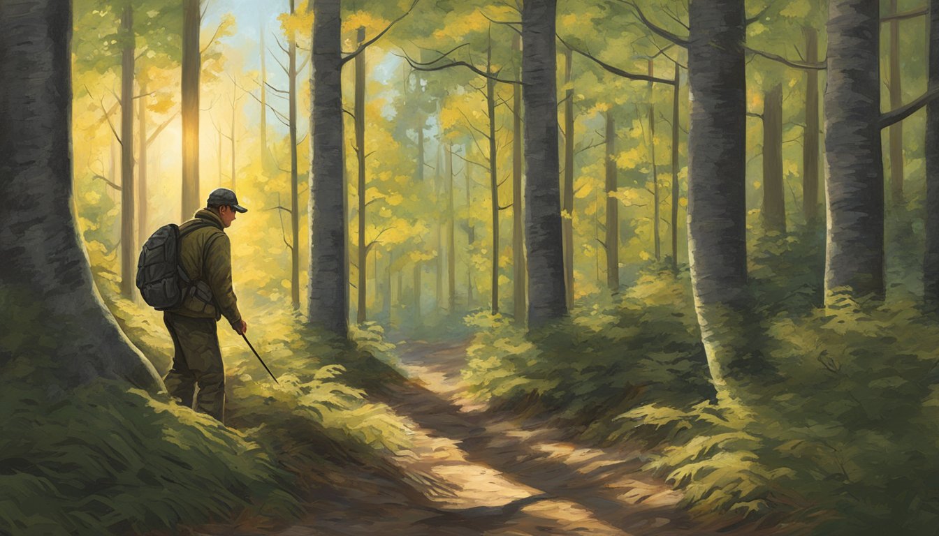 A hunter silently stalks through the dense Wisconsin forest, carefully scanning the surroundings for signs of game. The sun filters through the trees, casting dappled shadows on the forest floor