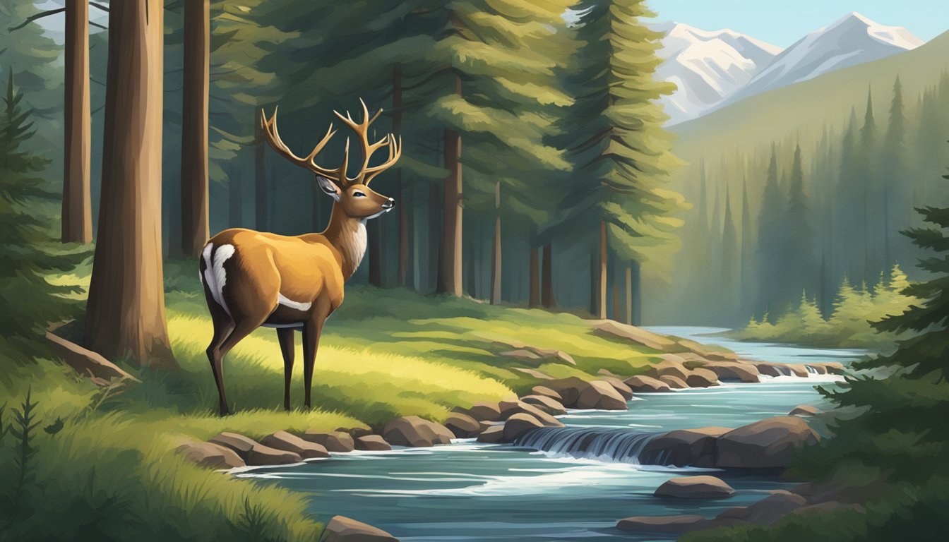 A serene forest clearing with a deer cautiously drinking from a stream, surrounded by tall evergreen trees and a distant mountain range