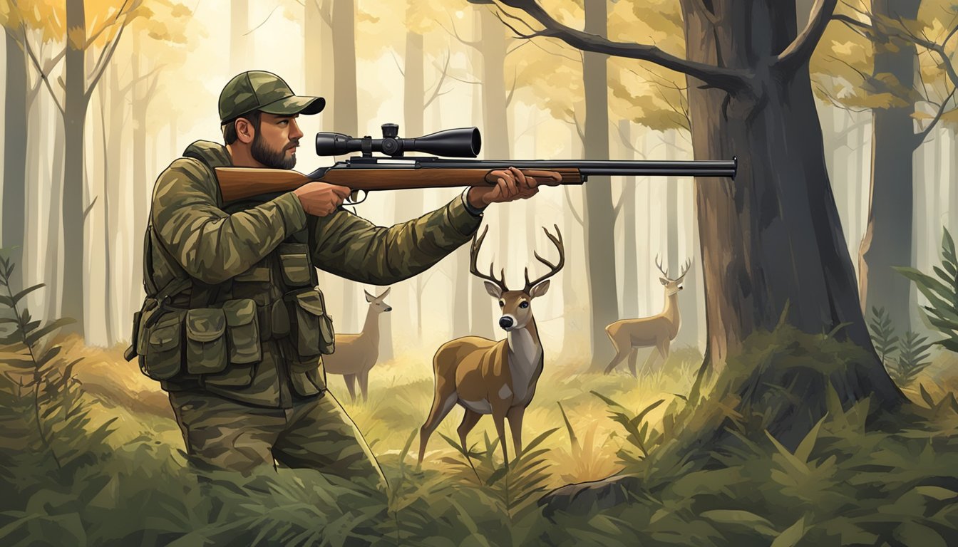 A hunter in camouflage aiming a rifle at a deer in a forest clearing