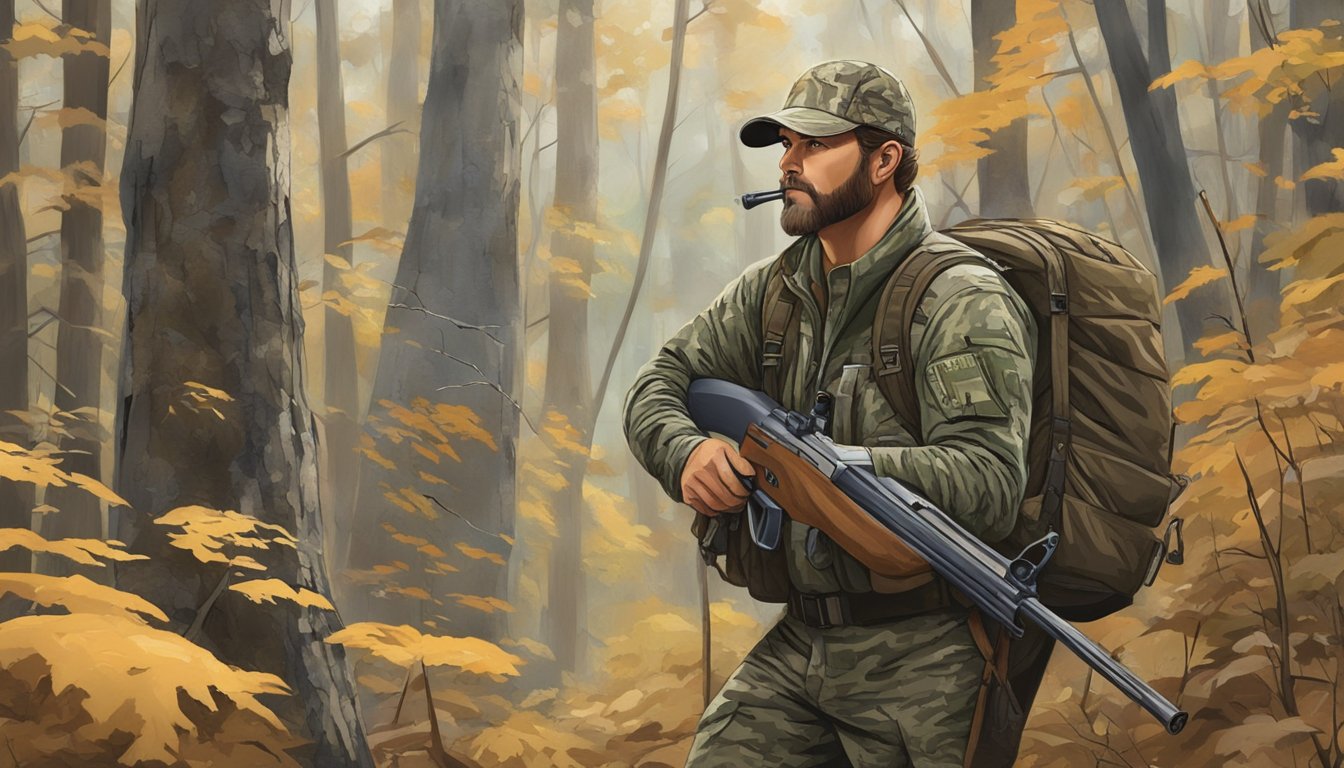 A hunter in camouflage navigating through dense Tennessee woods, with a rifle slung over their shoulder and a hunting guide in hand