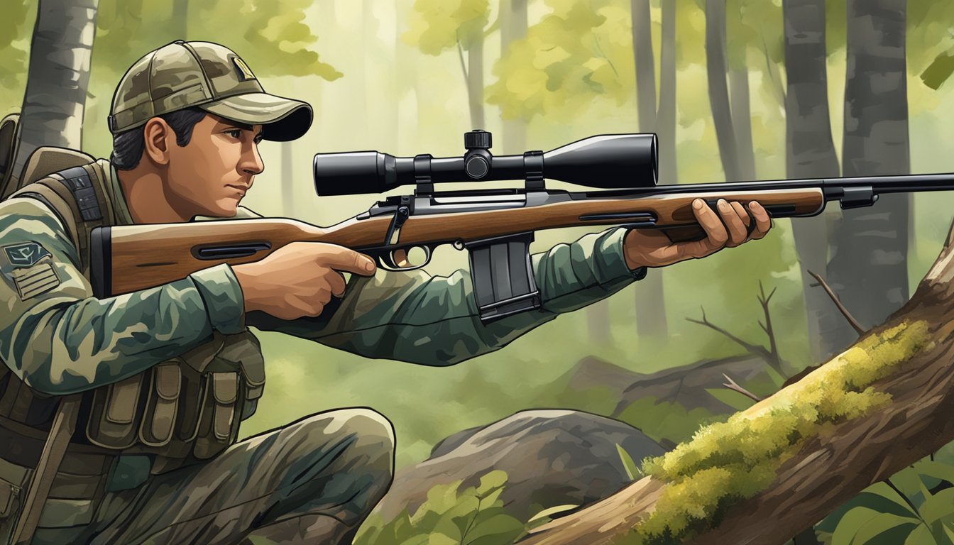 A hunter in camouflage gear aims a rifle in a wooded area with a hunting guide pointing out a target