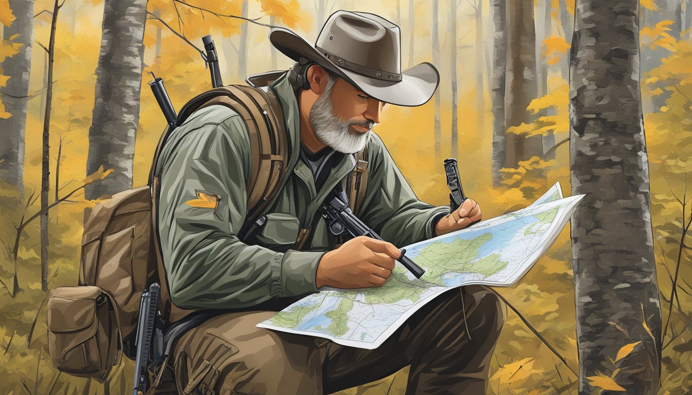 A hunter in Tennessee studying a hunting guide with a map and rifle