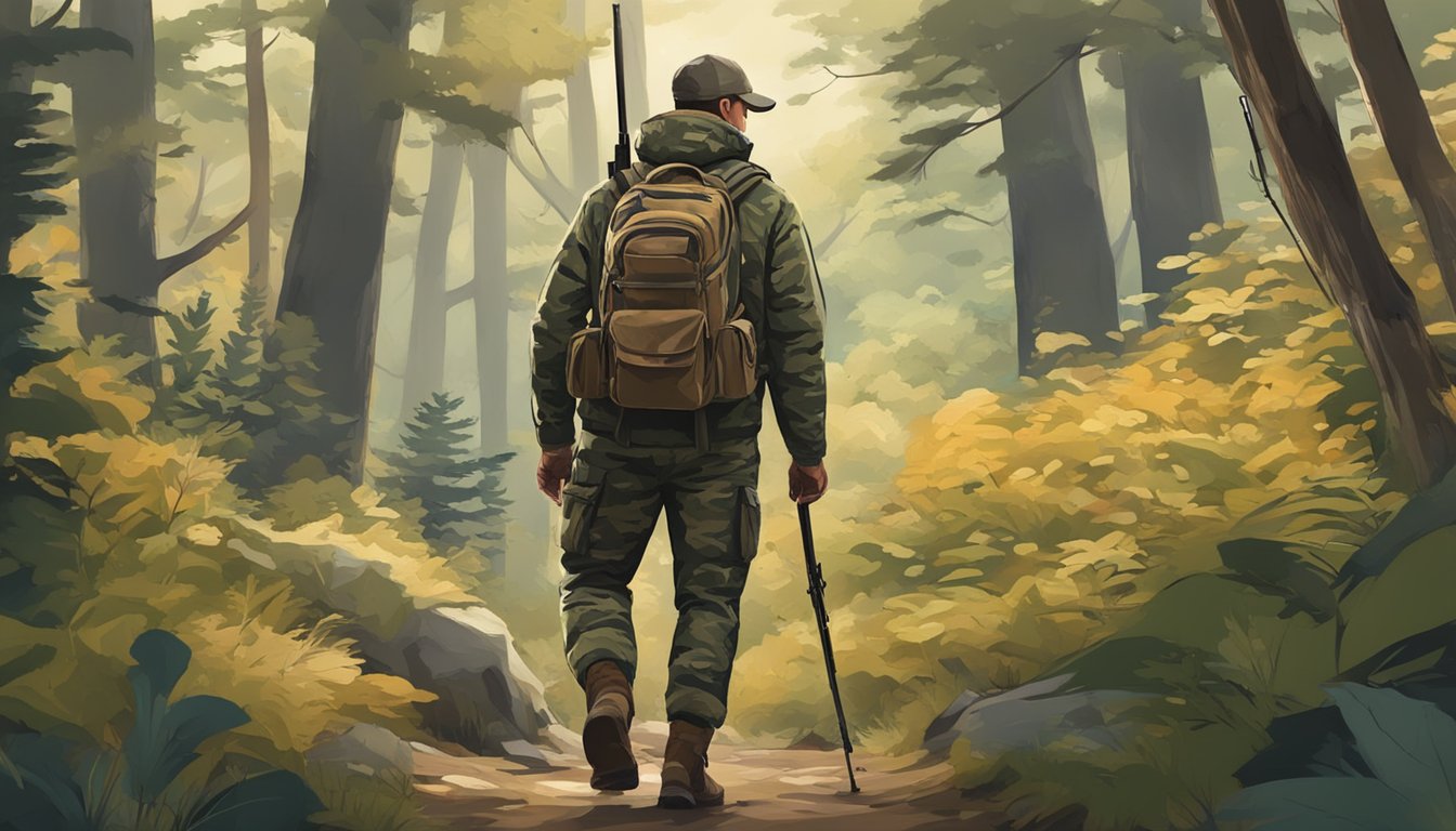 A hunter carrying a rifle walks through a wooded area, carefully observing the surroundings for wildlife. The hunter is dressed in camouflage and carries a backpack with hunting gear