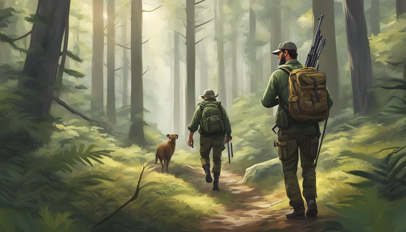 A hunter walking through a dense forest, rifle in hand, with a guide leading the way