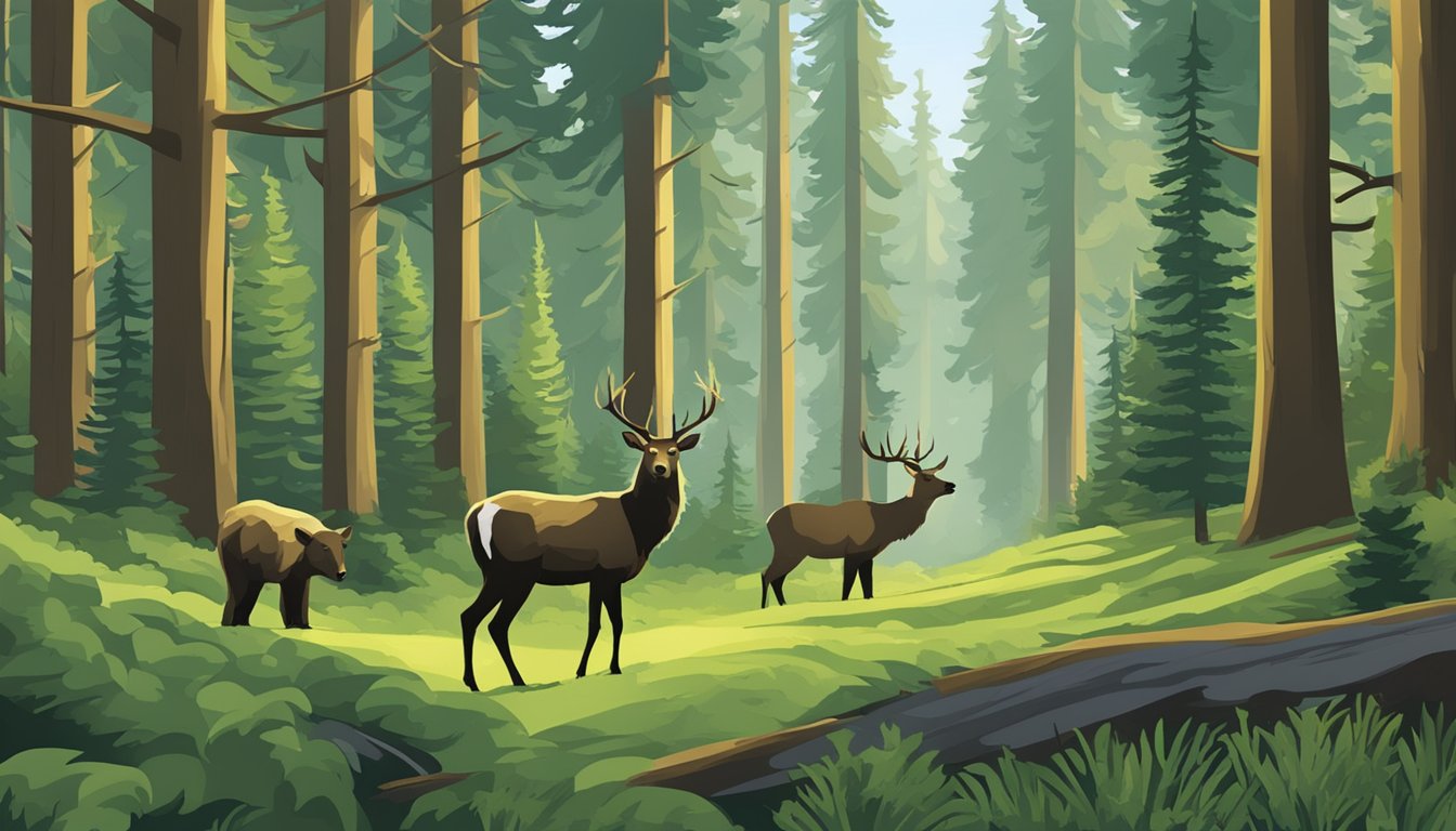 Lush forest with deer, elk, and bear. Signage indicates private land and leased hunting grounds in Washington