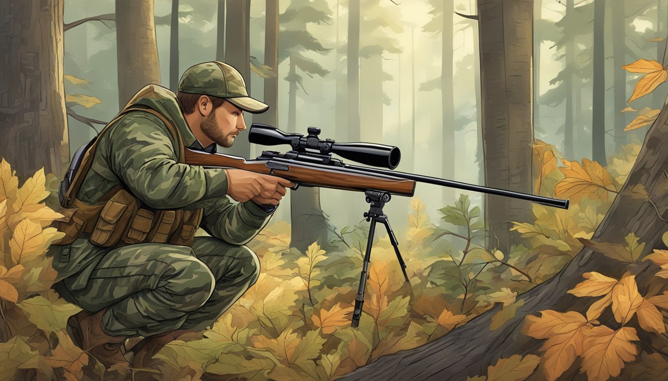 A hunter in camouflage aiming at a squirrel in a forest clearing