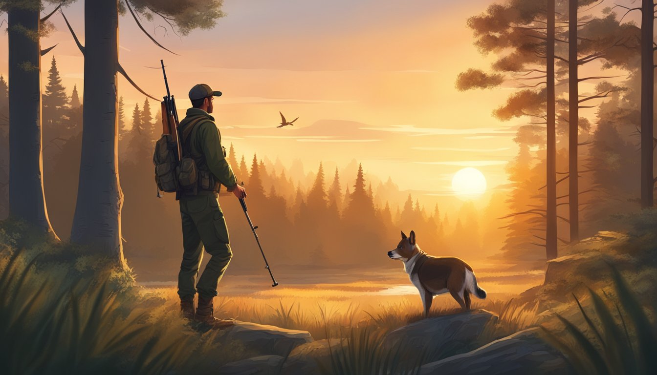 A hunter holding a rifle stands in a forest clearing, surrounded by trees and wildlife. The sun is setting, casting a warm glow over the scene