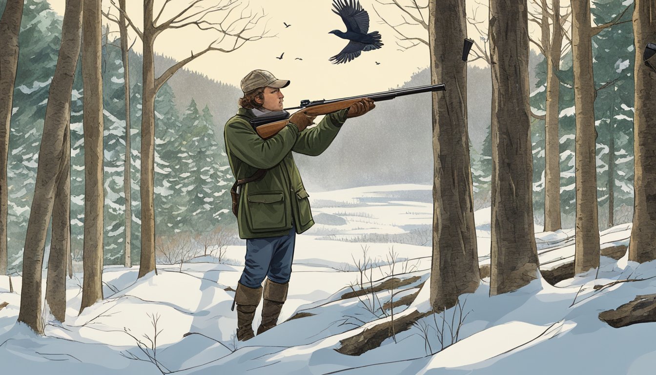 A hunter with a shotgun aiming at a flying bird in a Vermont forest clearing