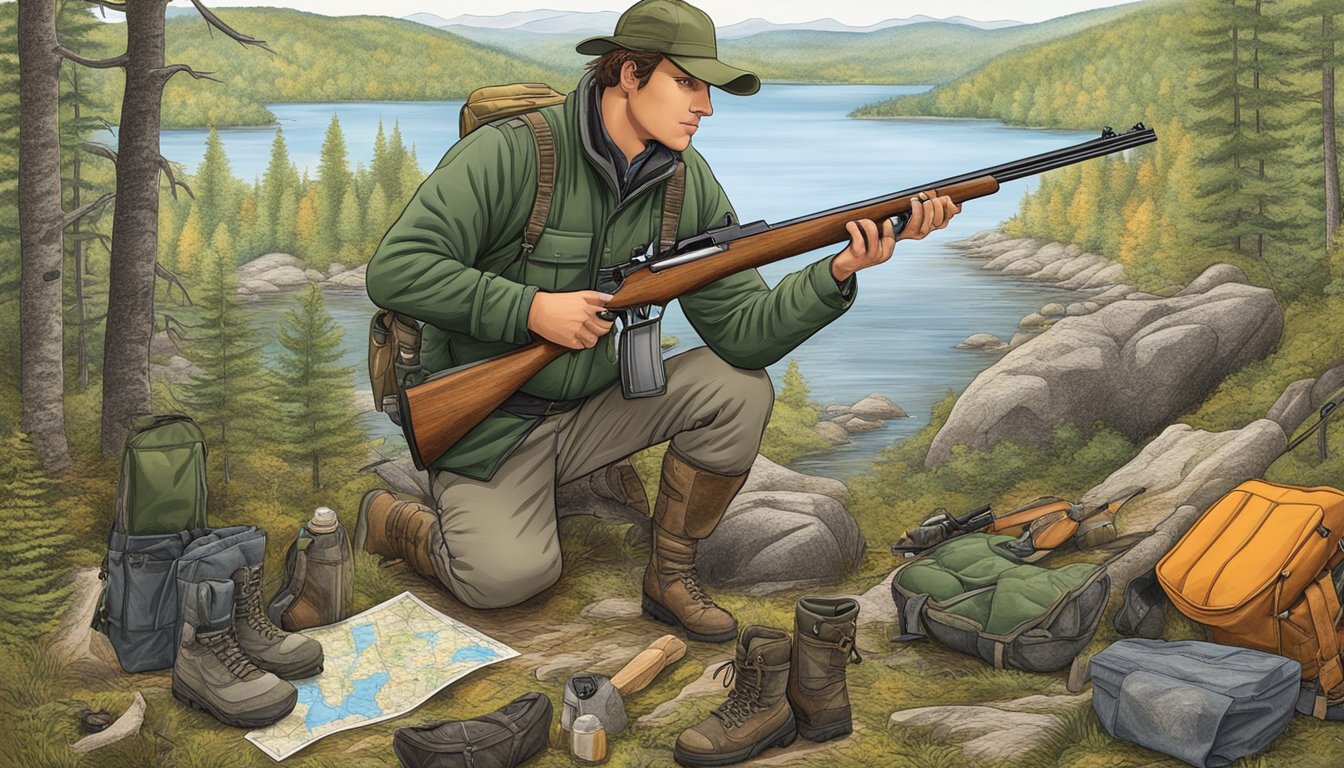 A hunter loads a rifle, surrounded by hunting gear and a map of Vermont's wilderness