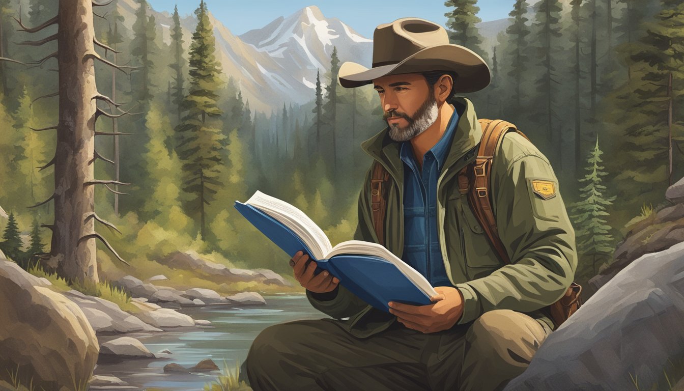 A hunter in Wyoming reading a guidebook, surrounded by forest and wildlife