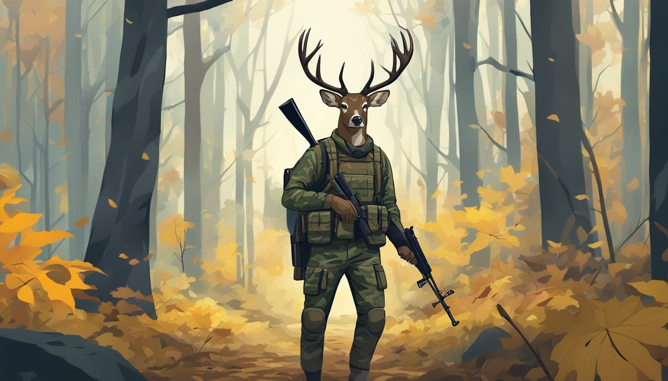 A hunter in camouflage gear stands with a rifle in a dense forest, surrounded by tall trees and fallen leaves. A deer stands in the distance, alert