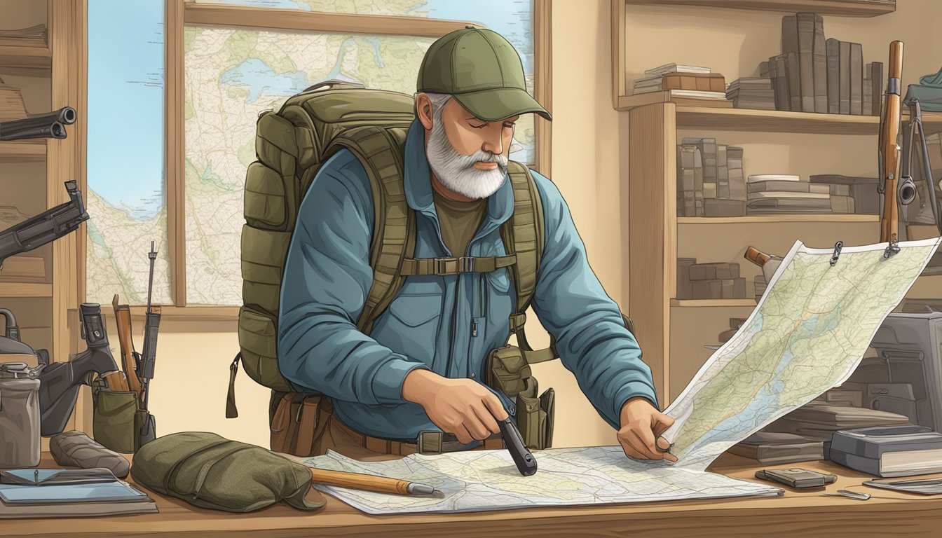 A hunter packs gear into a backpack, checking a map and rifle