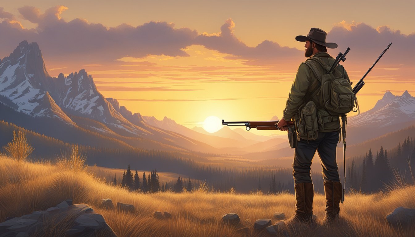 A hunter stands in a vast Wyoming landscape, rifle in hand, with mountains in the distance and the sun setting behind them