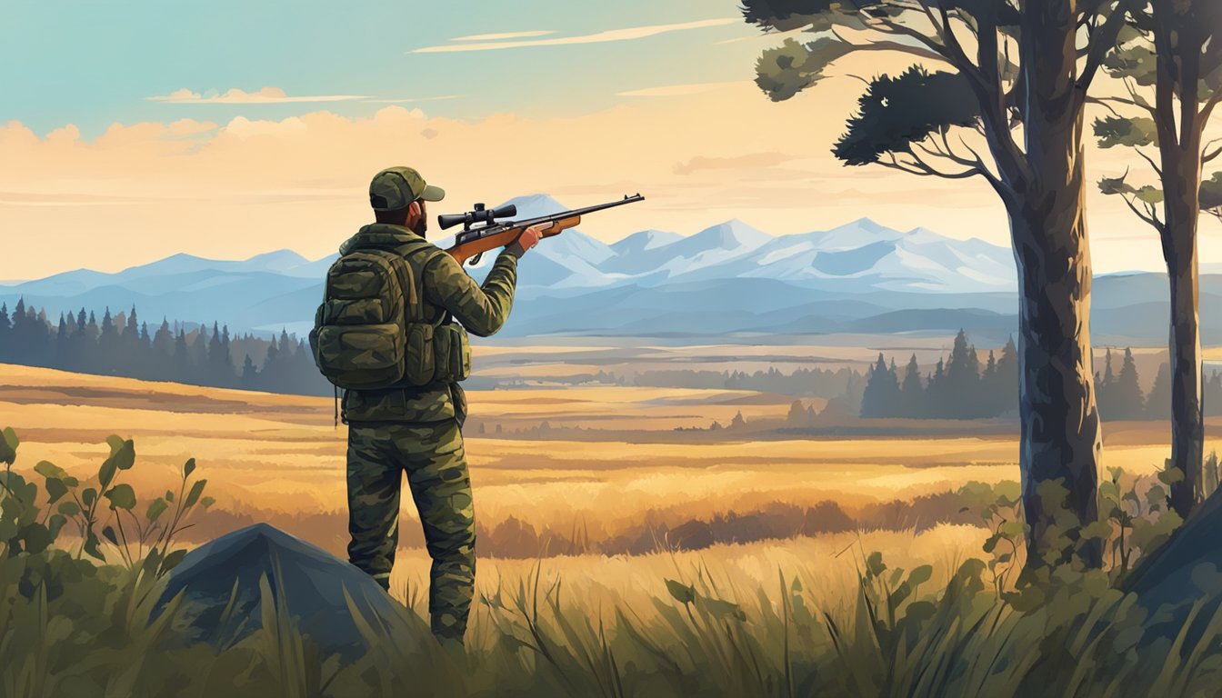 A hunter in camouflage gear stands in a field, rifle in hand, scanning the horizon for game. Surrounding landscape includes mountains and trees