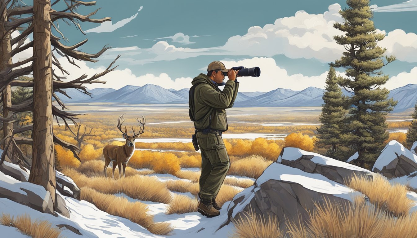 A hunter in Wyoming carefully tracks a deer, using binoculars to assess its size and health before taking a shot