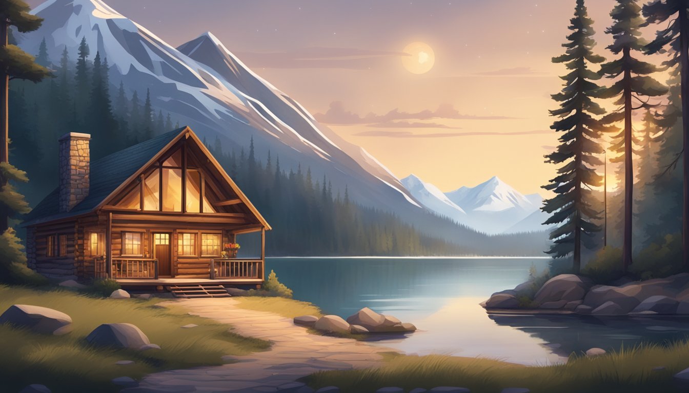 A rustic lodge nestled in the mountains, surrounded by pine trees and a tranquil lake. Nearby, a cozy cabin and a crackling campfire