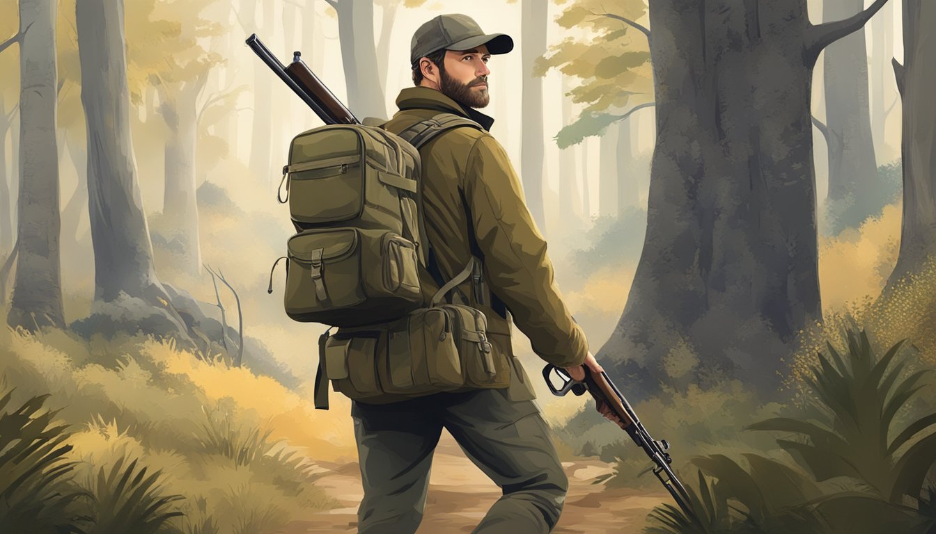 A hunter carrying a rifle and a bag of game, surrounded by trees and wildlife