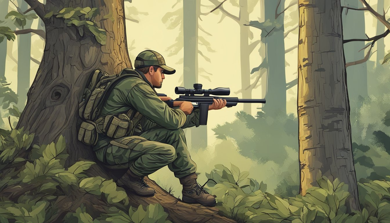 A hunter in camouflage with a rifle and binoculars, crouched behind a tree, scanning the forest for prey