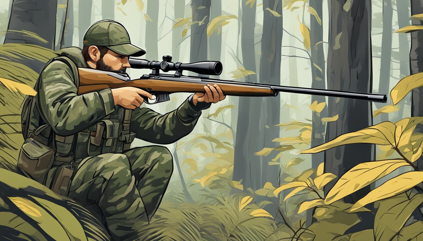 A hunter in camouflage navigating through a dense forest, rifle in hand, with a guidebook open to the "Special Regulations" section