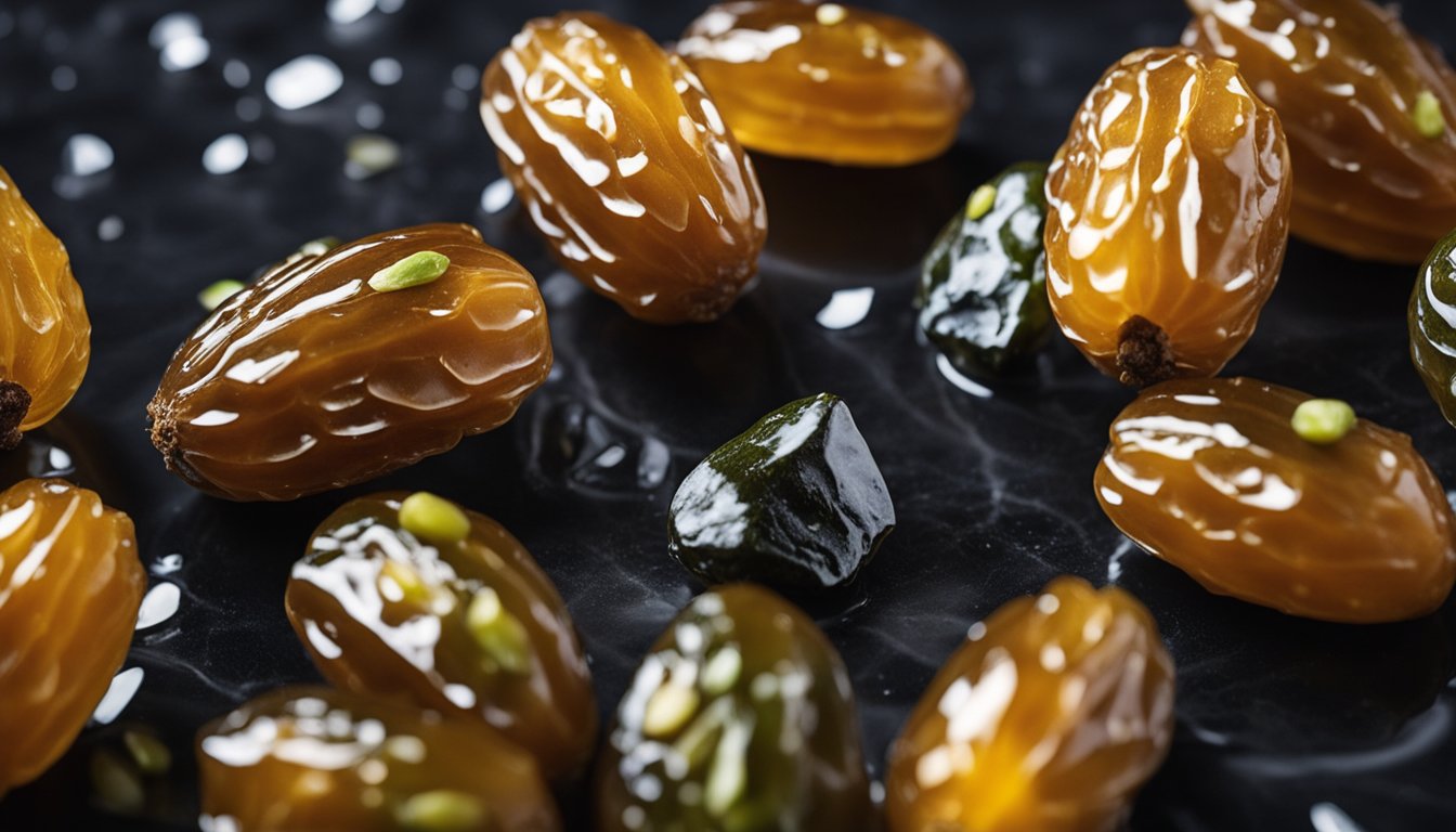 Glistening Piarom dates against black marble, with honey, pistachios, and almonds