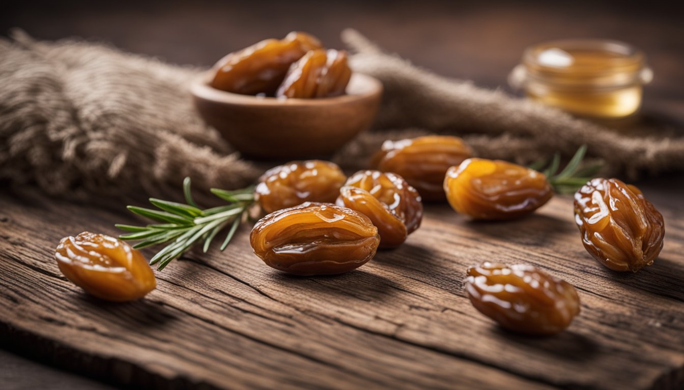 Wrinkled Thoory dates on weathered board with almonds, rosemary, and honey. Vintage scale in soft focus