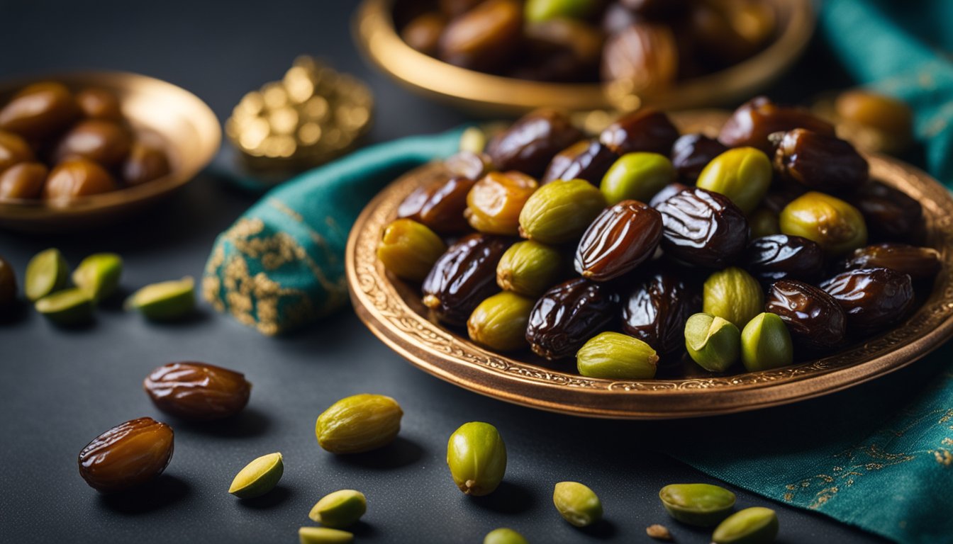 Sukkary dates and pistachios on a copper plate, honey drops glisten in natural light. Intricate patterns and sweet flesh, with a soft focus antique brass scale