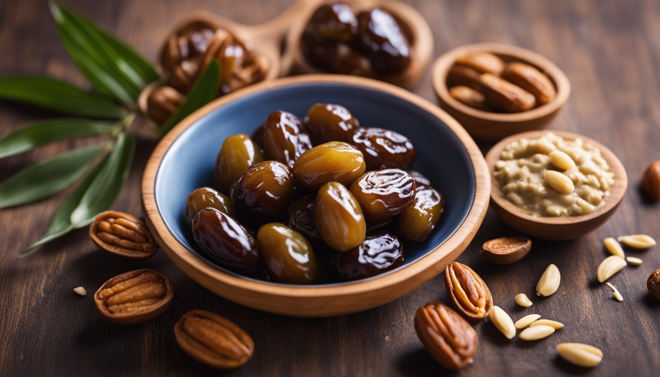 Zahidi dates on olive wood, with nuts and tahini, in natural light