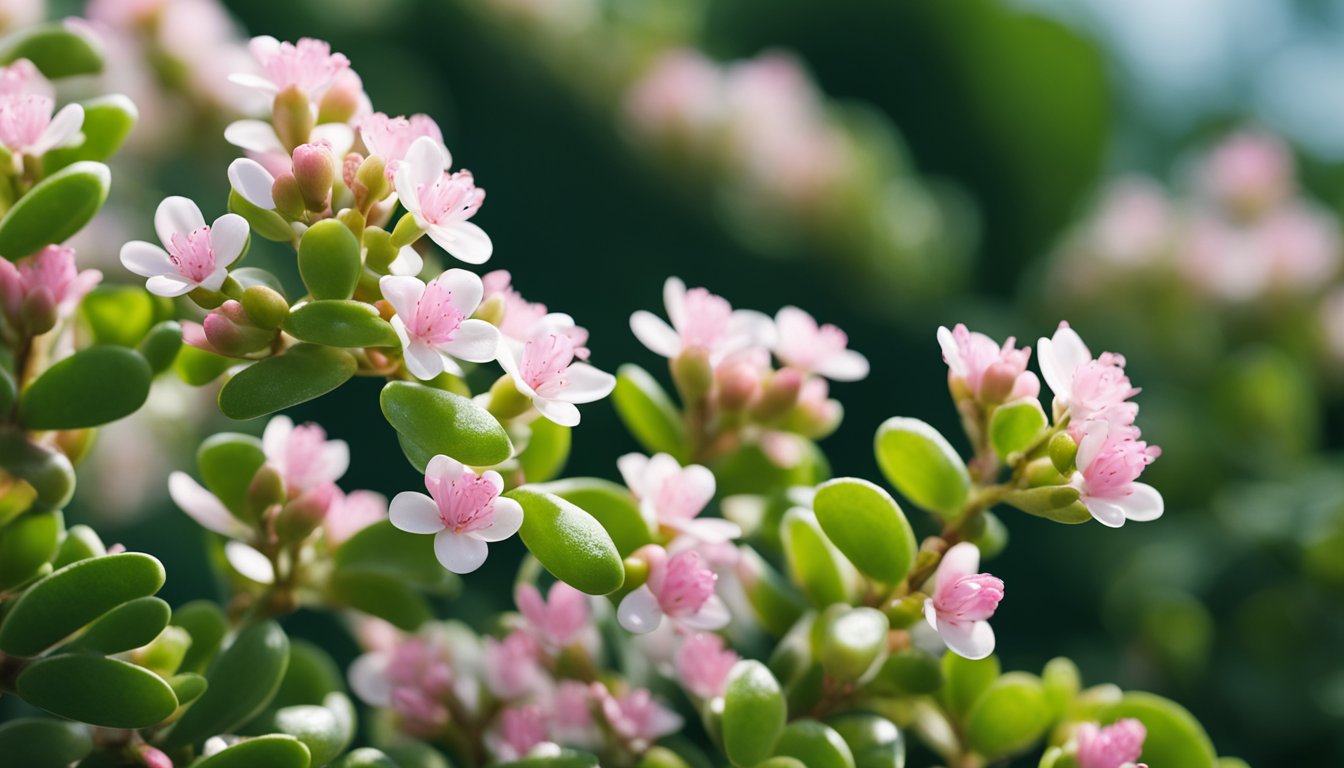 Jade plant blooms with white-pink flowers, dew-kissed, against green leaves. Bee hovers nearby