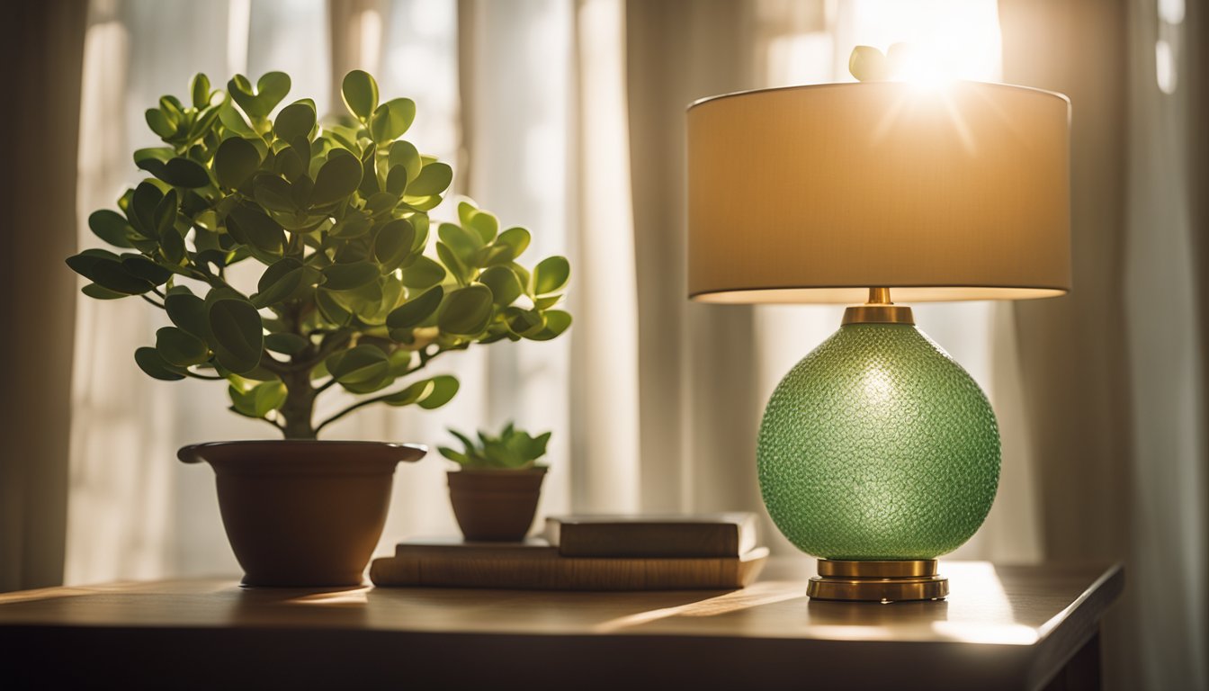 Soft morning light filters through sheer curtains, illuminating a blooming jade plant. A vintage brass lamp casts warm light across a wooden side table, creating a peaceful atmosphere