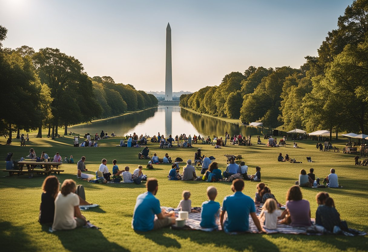 The Washington Monument rises above a bustling city park, surrounded by families picnicking and playing