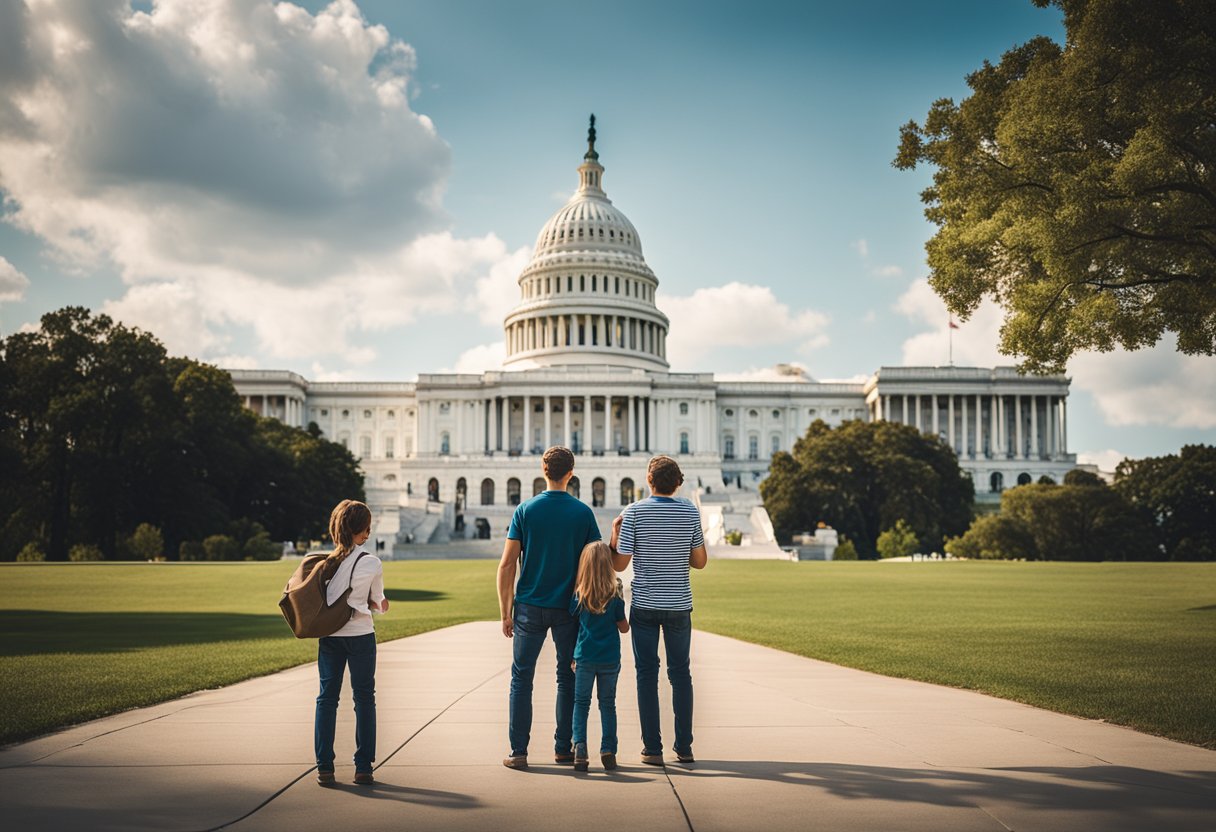 A family stands in front of the Capitol Building, map in hand, planning their weekend trip to Washington DC