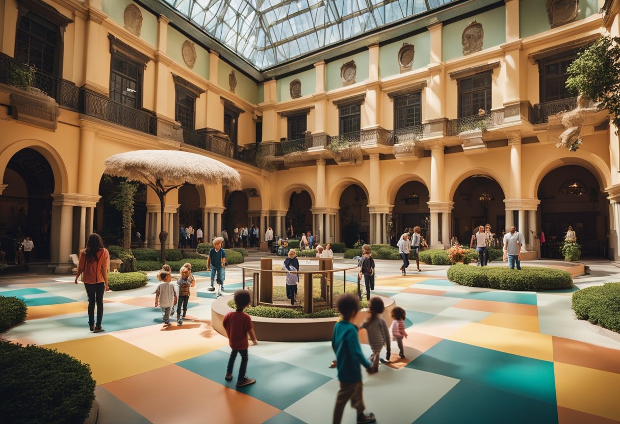 A colorful museum courtyard with children playing and families exploring exhibits