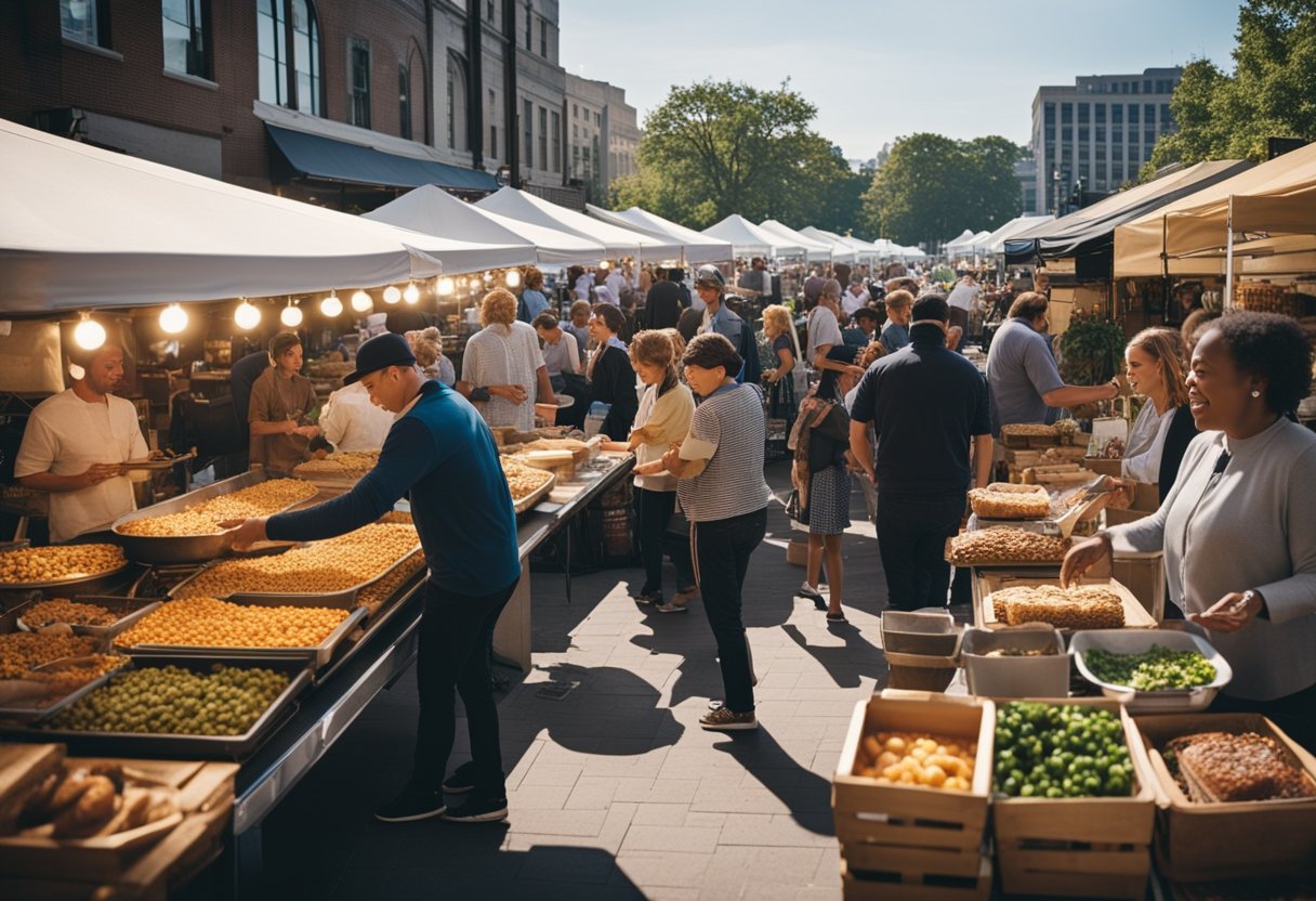 A bustling outdoor food market in Washington DC, with families sampling gourmet dishes and enjoying live music