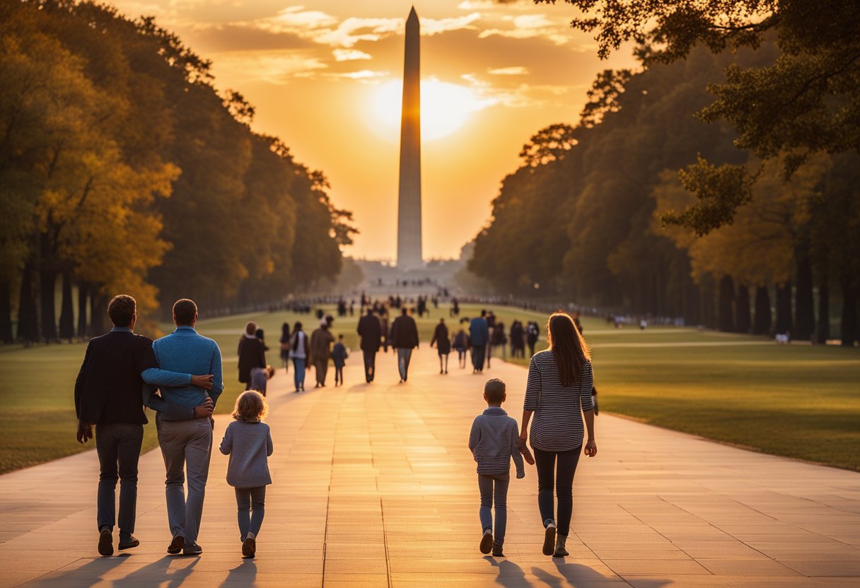 A family explores the National Mall, with the Washington Monument towering in the background. The sun sets behind the Lincoln Memorial, casting a warm glow over the iconic landmarks