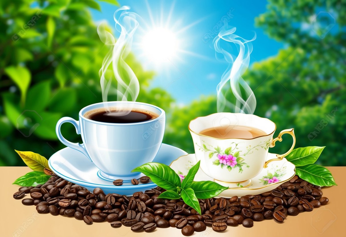 A steaming cup of coffee and a delicate teacup surrounded by fresh coffee beans and tea leaves, with a backdrop of lush greenery and a bright, sunny sky