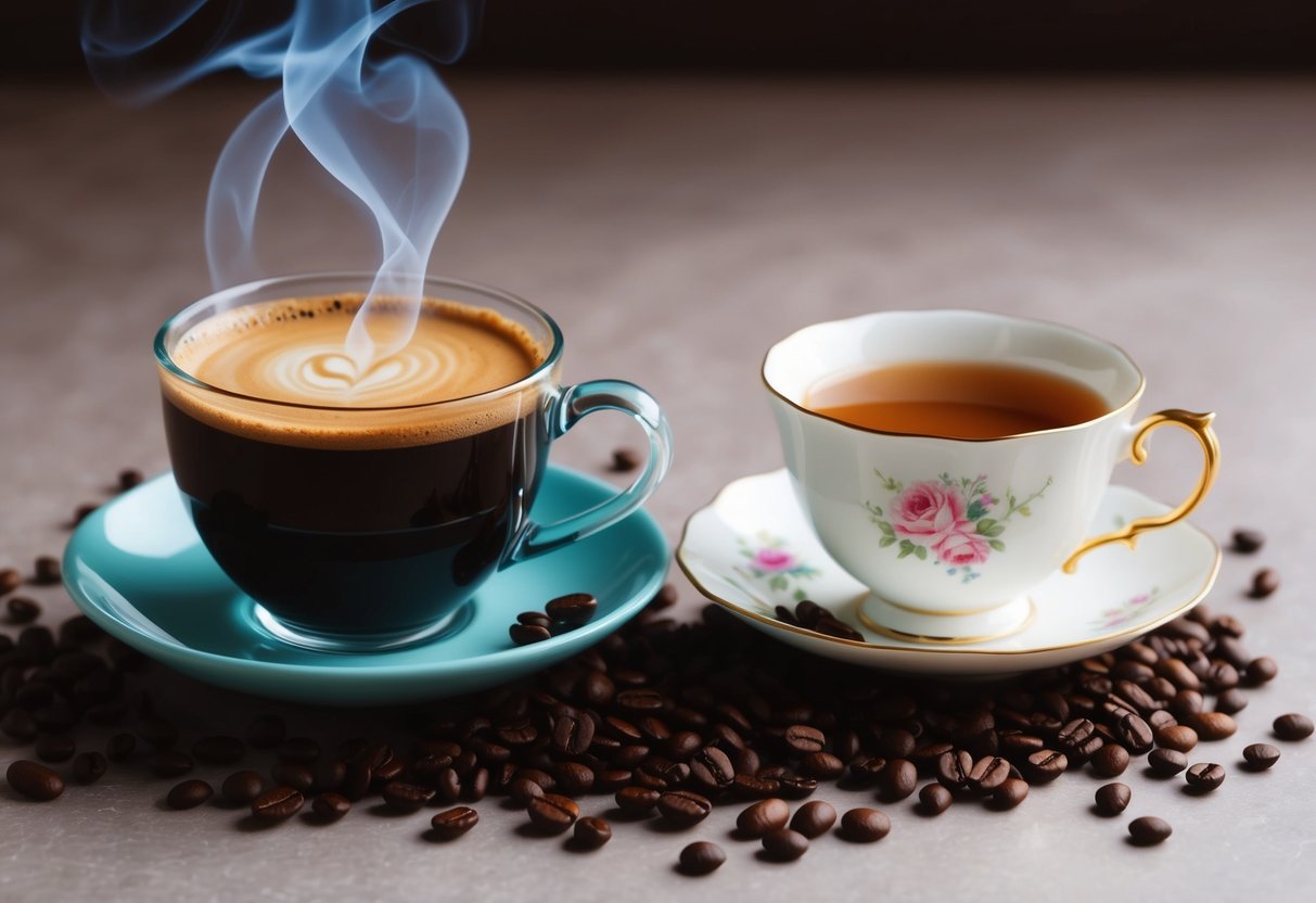 A steaming cup of coffee and a delicate teacup sit side by side on a table, surrounded by scattered coffee beans and tea leaves